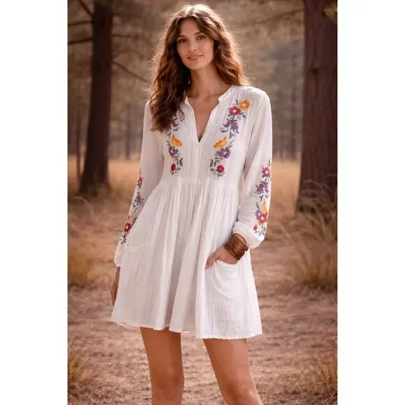 Free People Mia Gauze Embroidered Mini Dress White Boho Tunic L Boho Festival - Picture 2 of 10